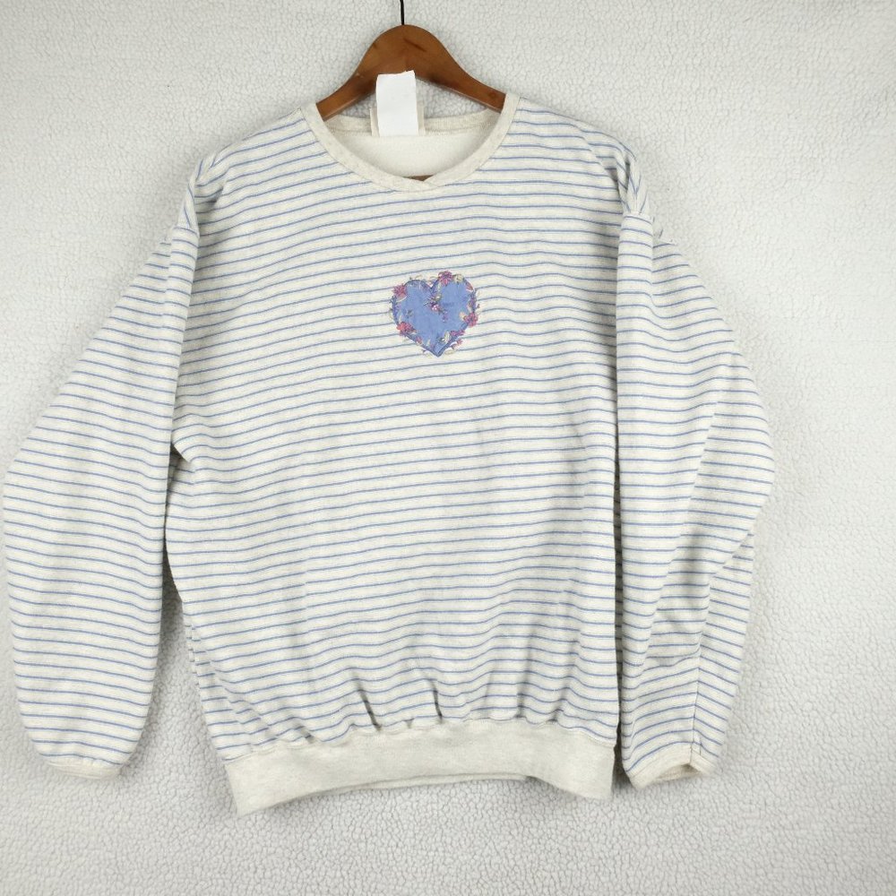 Northern Reflections Sweater Womens Medium White Blue Striped Heart Vintage